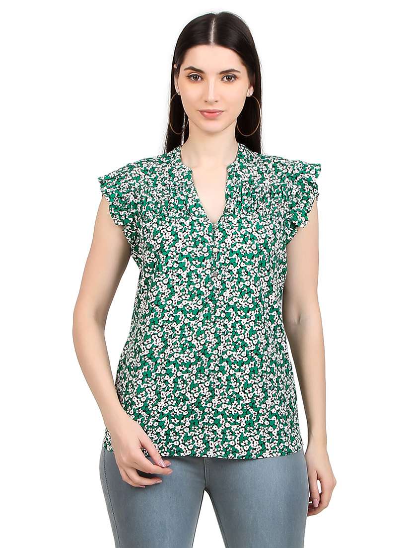 women printed mandrain neck straight  top