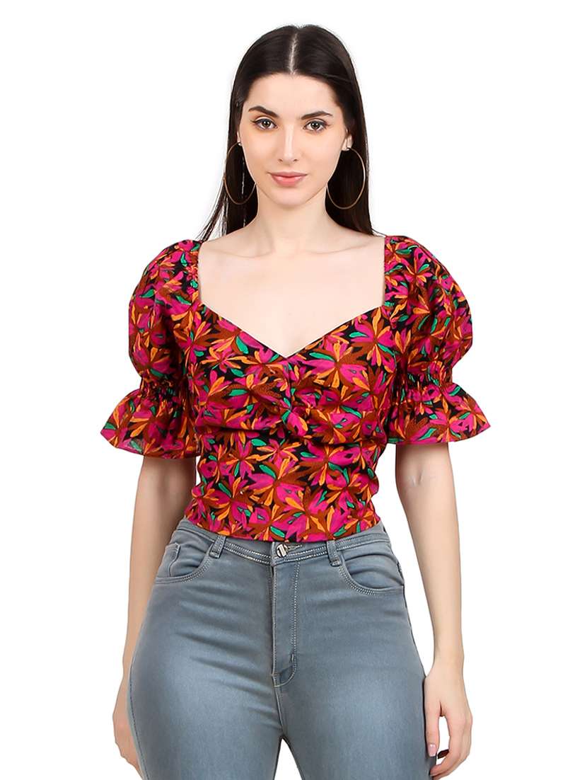 women printed smocked detailed crop  top