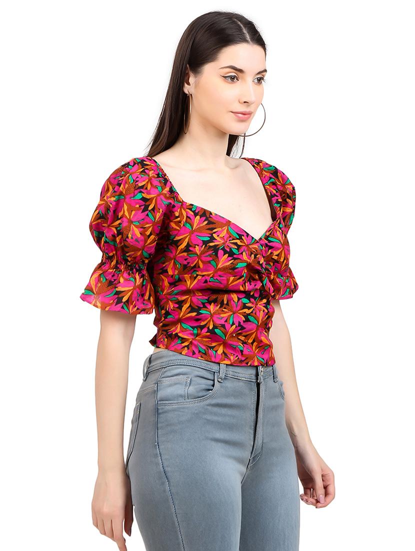 women printed smocked detailed crop top - 21352100 - Standard Image - 1