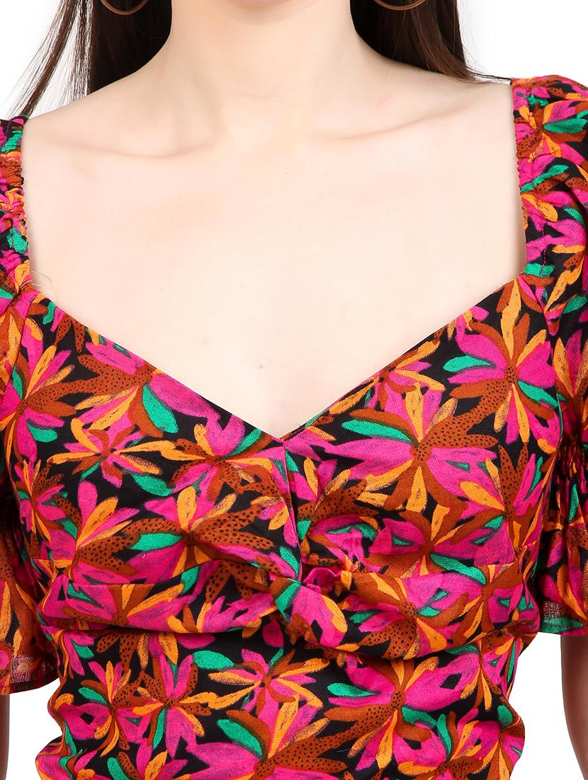women printed smocked detailed crop top - 21352100 - Standard Image - 4