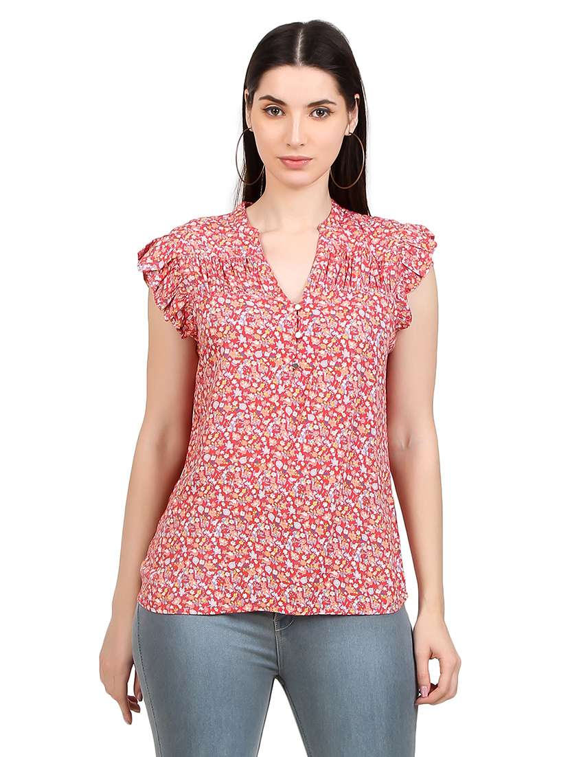 women printed mandrain neck straight  top