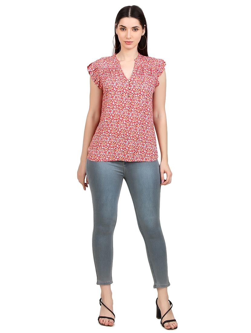 women printed mandrain neck straight top - 21352101 - Standard Image - 4