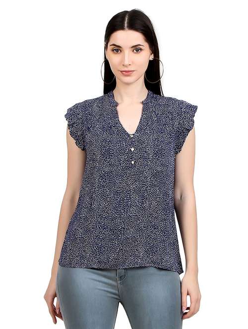 women printed mandrain neck straight top - 21352103 - Standard Image - 0