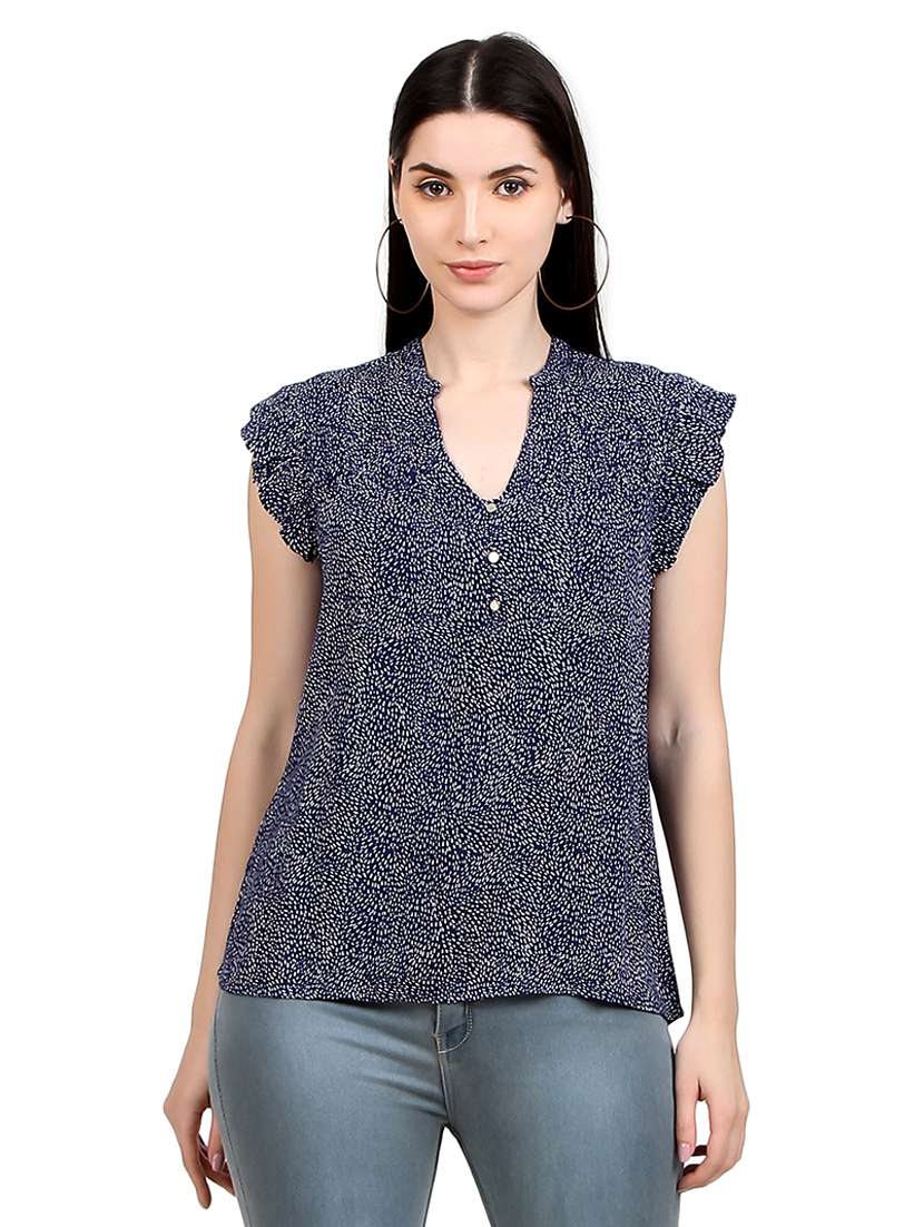 women printed mandrain neck straight top - 21352103 - Zoom Image - 0