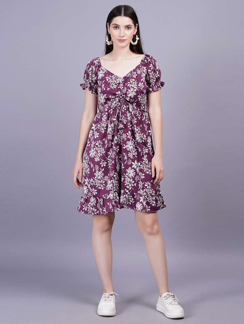 women floral print short sleeves a-line dress