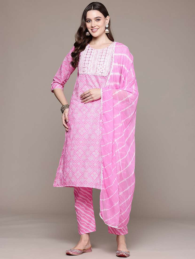 women three quarter sleeve kurta pant with dupatta set