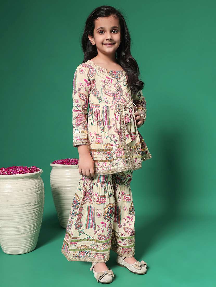 girls beige printed kurta sharara set - 21352849 -  Standard Image - 1