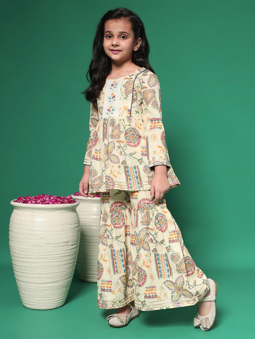 girls beige printed kurta sharara set - 21352852 - Standard Image - 1
