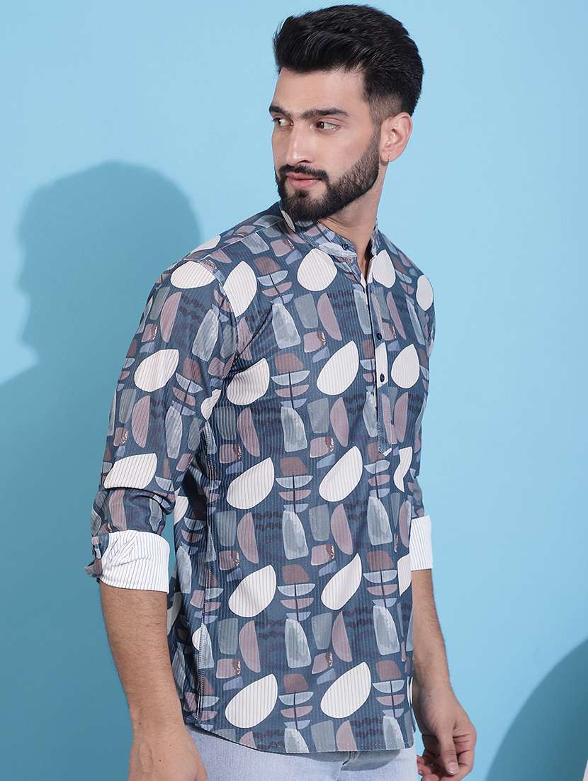 men mandarin neck printed short kurta