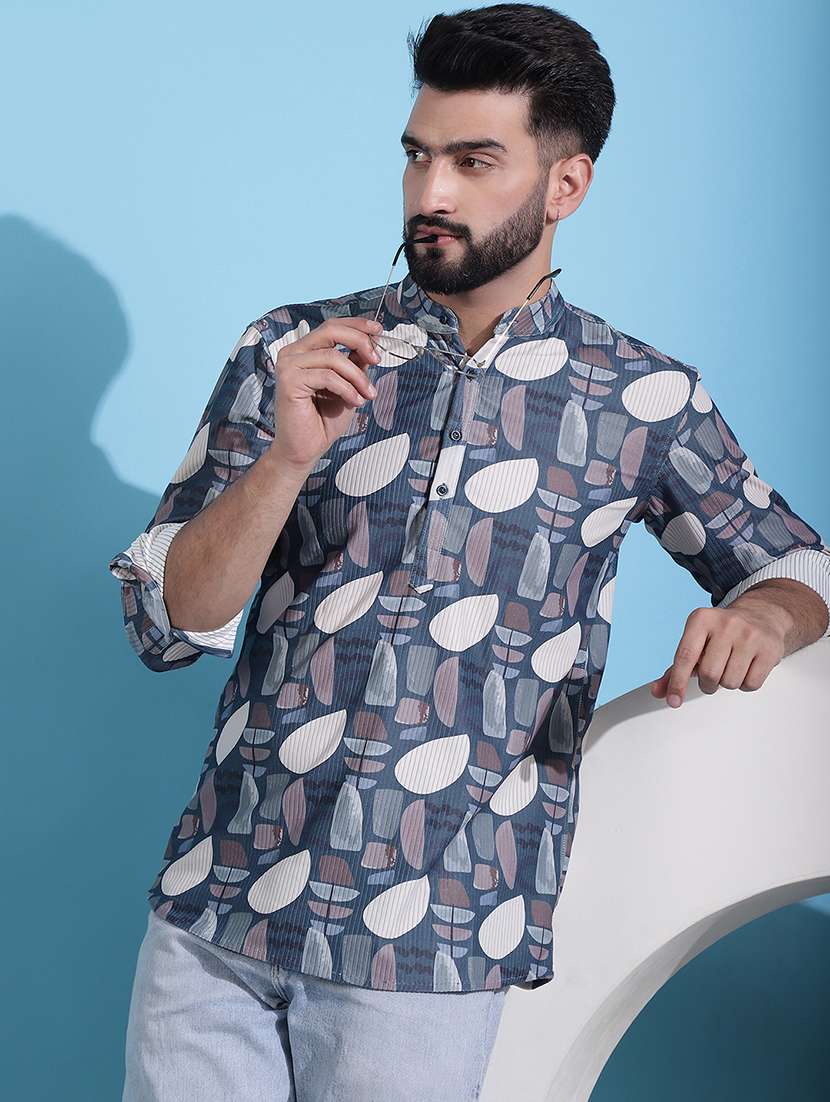 men mandarin neck printed short kurta - 21354498 -  Standard Image - 1