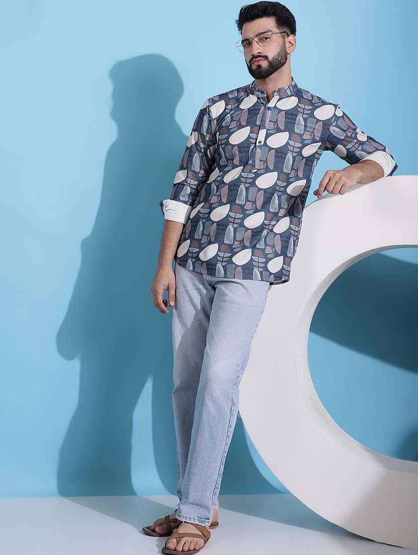 men mandarin neck printed short kurta - 21354498 -  Standard Image - 4