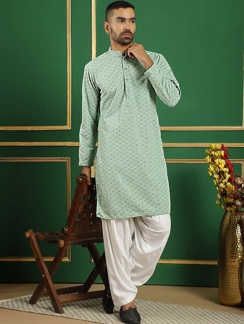 men mandarin neck embroidered long kurta