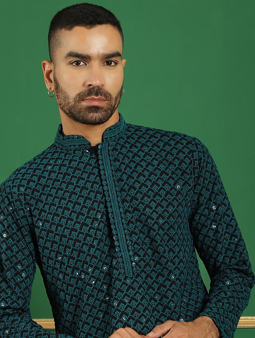 men solid with work mandarin neck long kurta - 21354504 - Standard Image - 4