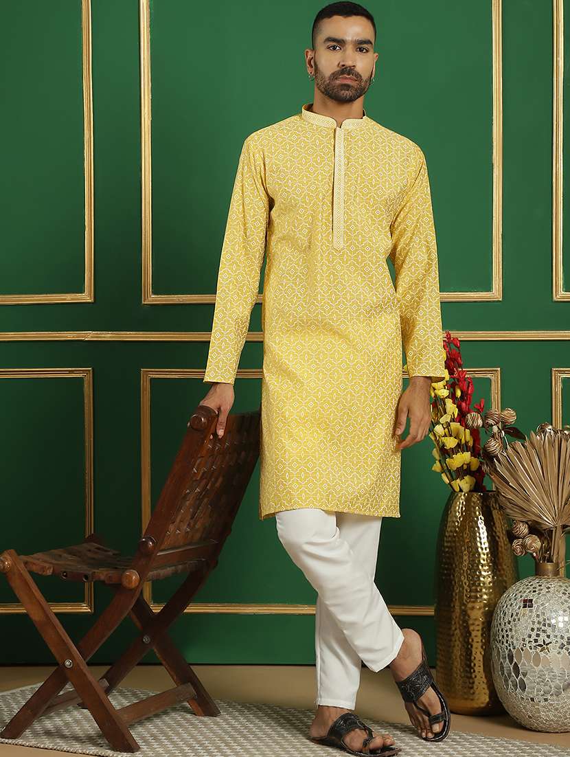 men mandarin neck printed long kurta