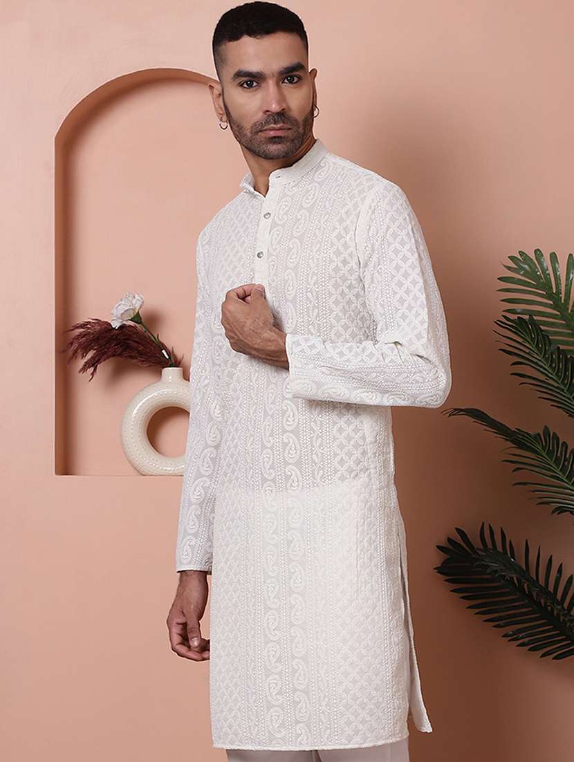 men mandarin neck embroidered long kurta - 21354518 - Standard Image - 1