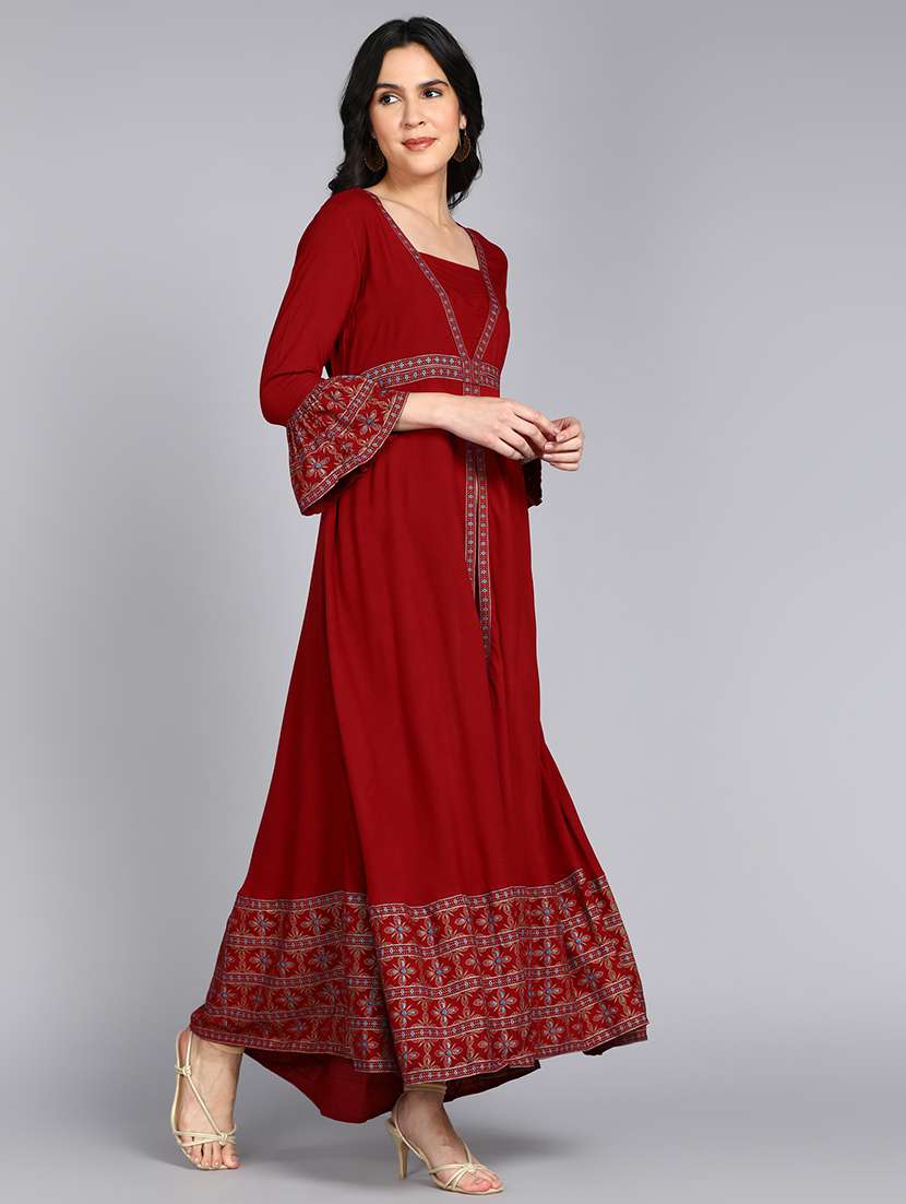 women maroon bell sleeves flared kurta - 21354703 -  Standard Image - 1