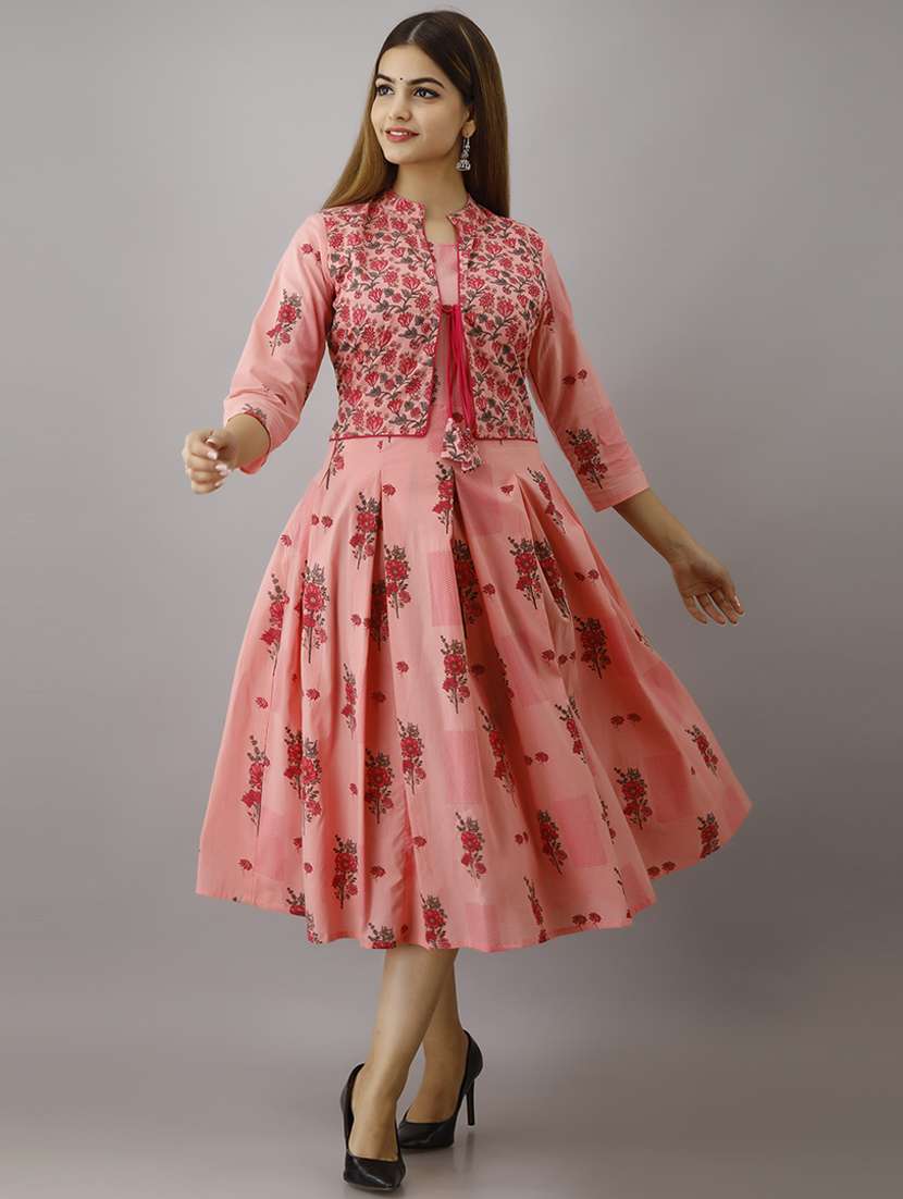 women pink mandarin neck flared dress - 21354730 -  Standard Image - 1