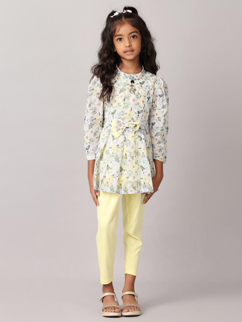 girls floral printed three quarter sleeves twin set