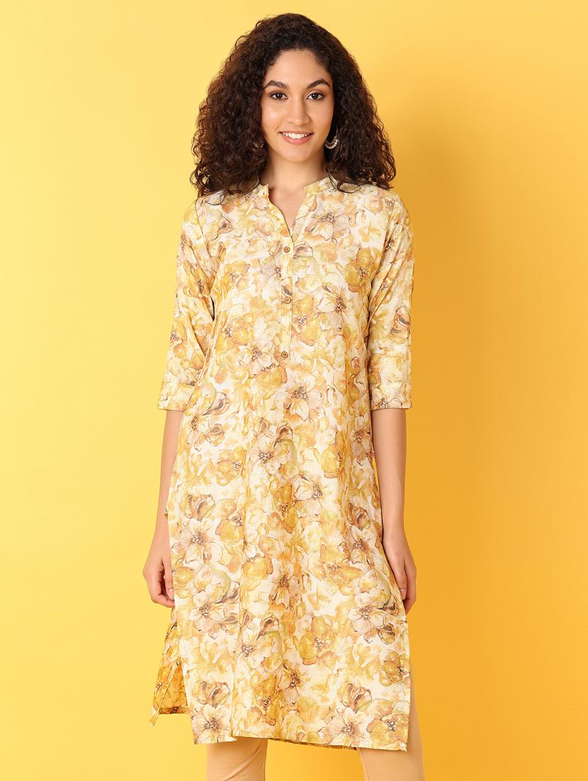 yellow printed straight kurta - 21355530 - Zoom Image - 0