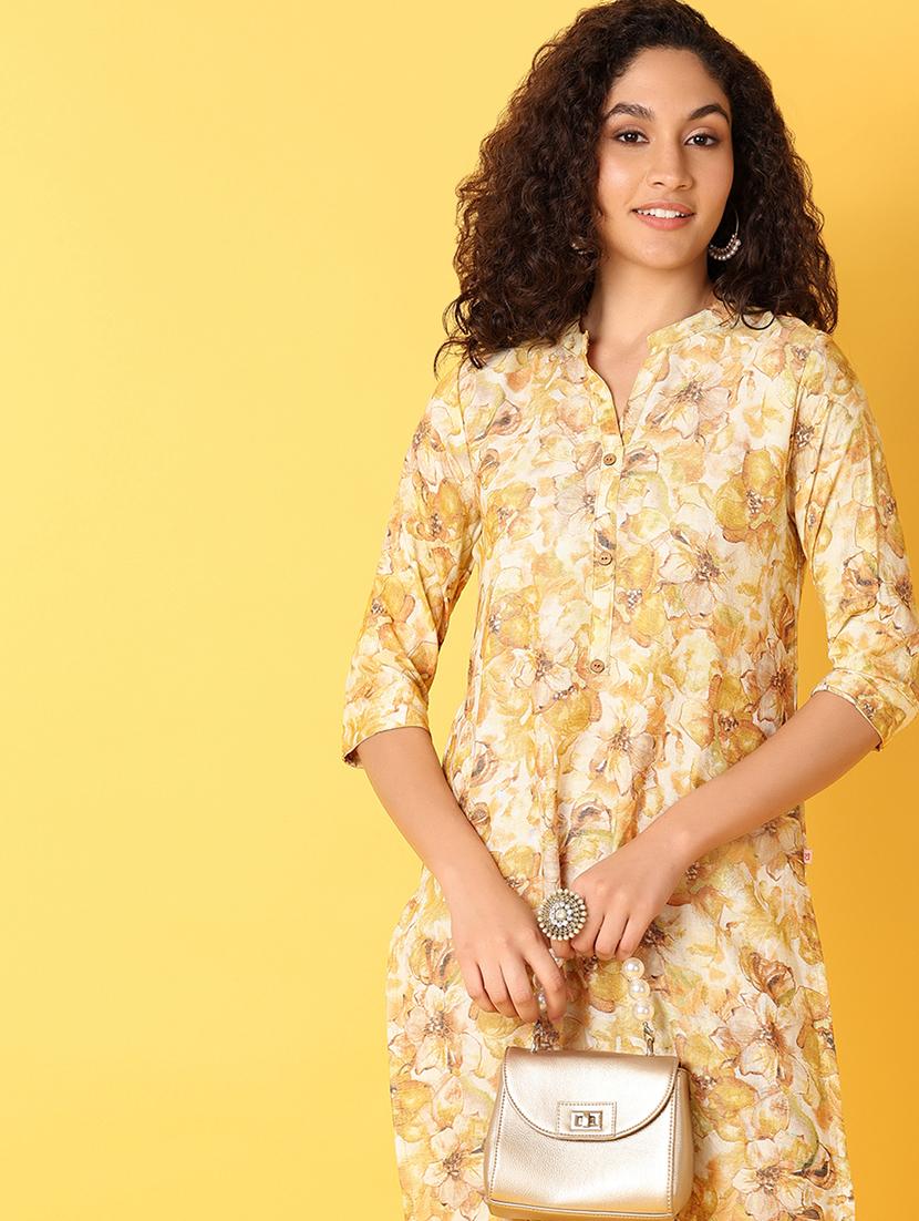 yellow printed straight kurta - 21355530 - Standard Image - 4