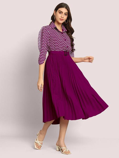 women striped collared belted fit & flare dress - 21355627 -  Standard Image - 0
