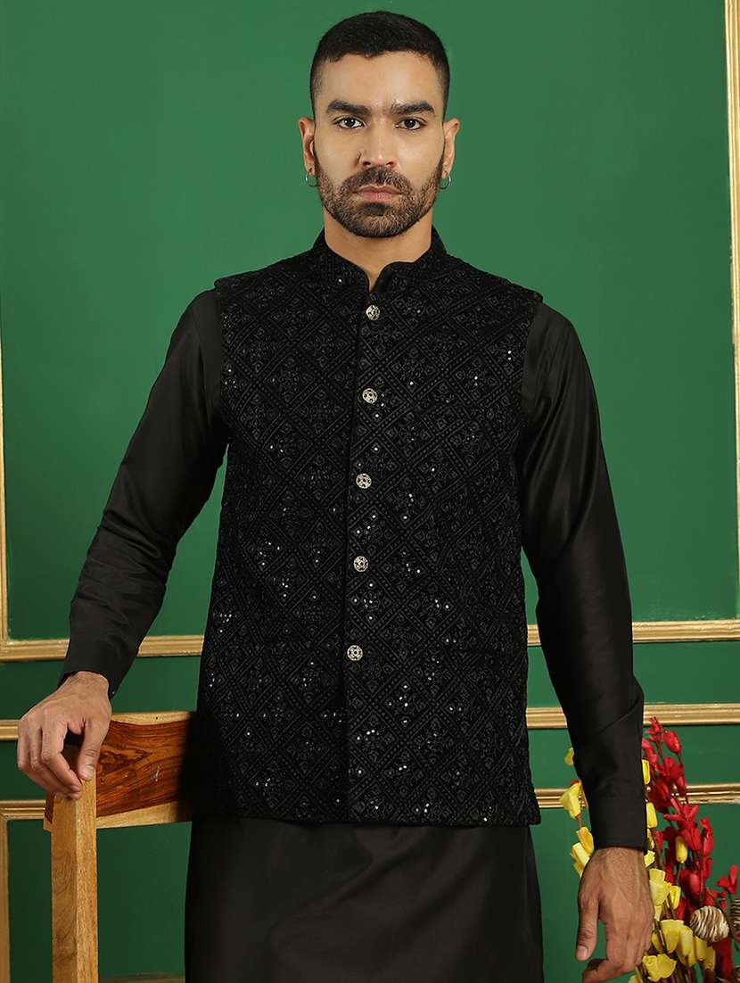 men mandarin neck embroidered nehru jacket