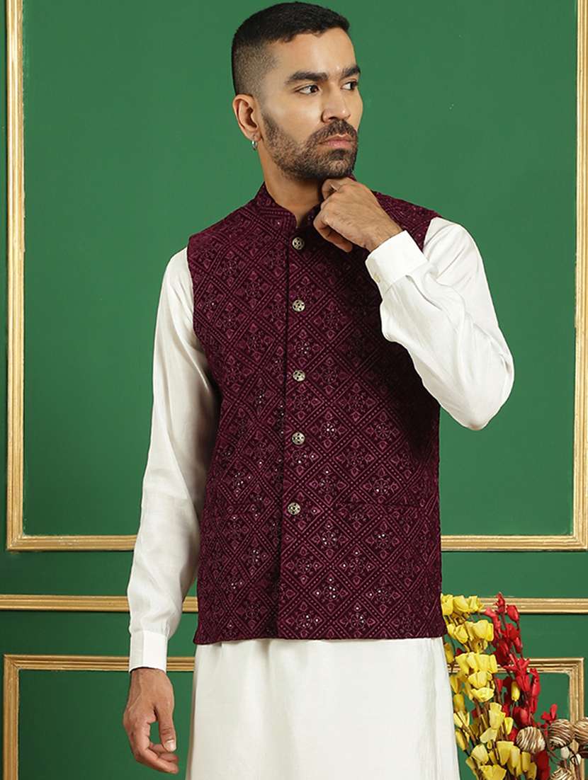 men mandarin neck embroidered nehru jacket