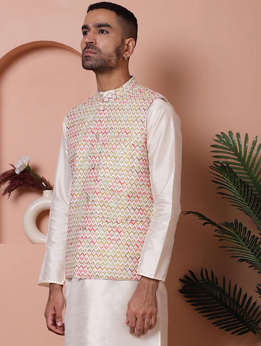men mandarin neck printed nehru jacket - 21355666 - Standard Image - 1