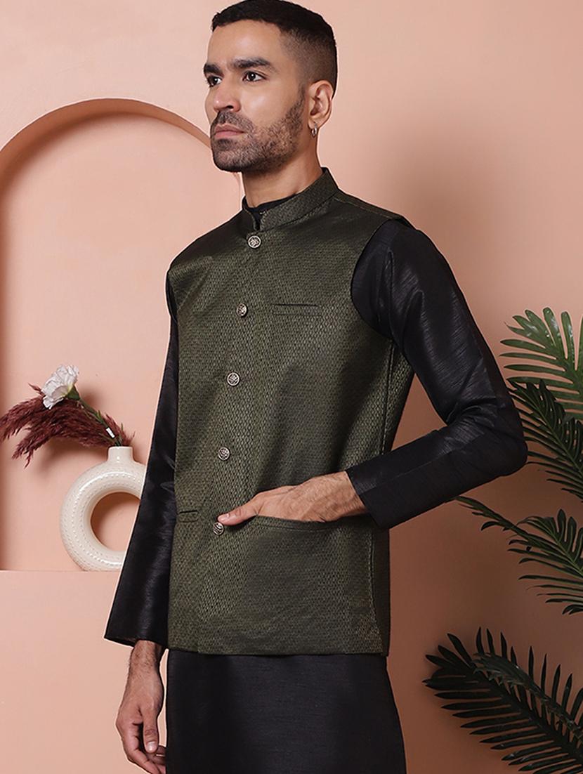 olive self design silk nehru jacket - 21355669 - Standard Image - 1