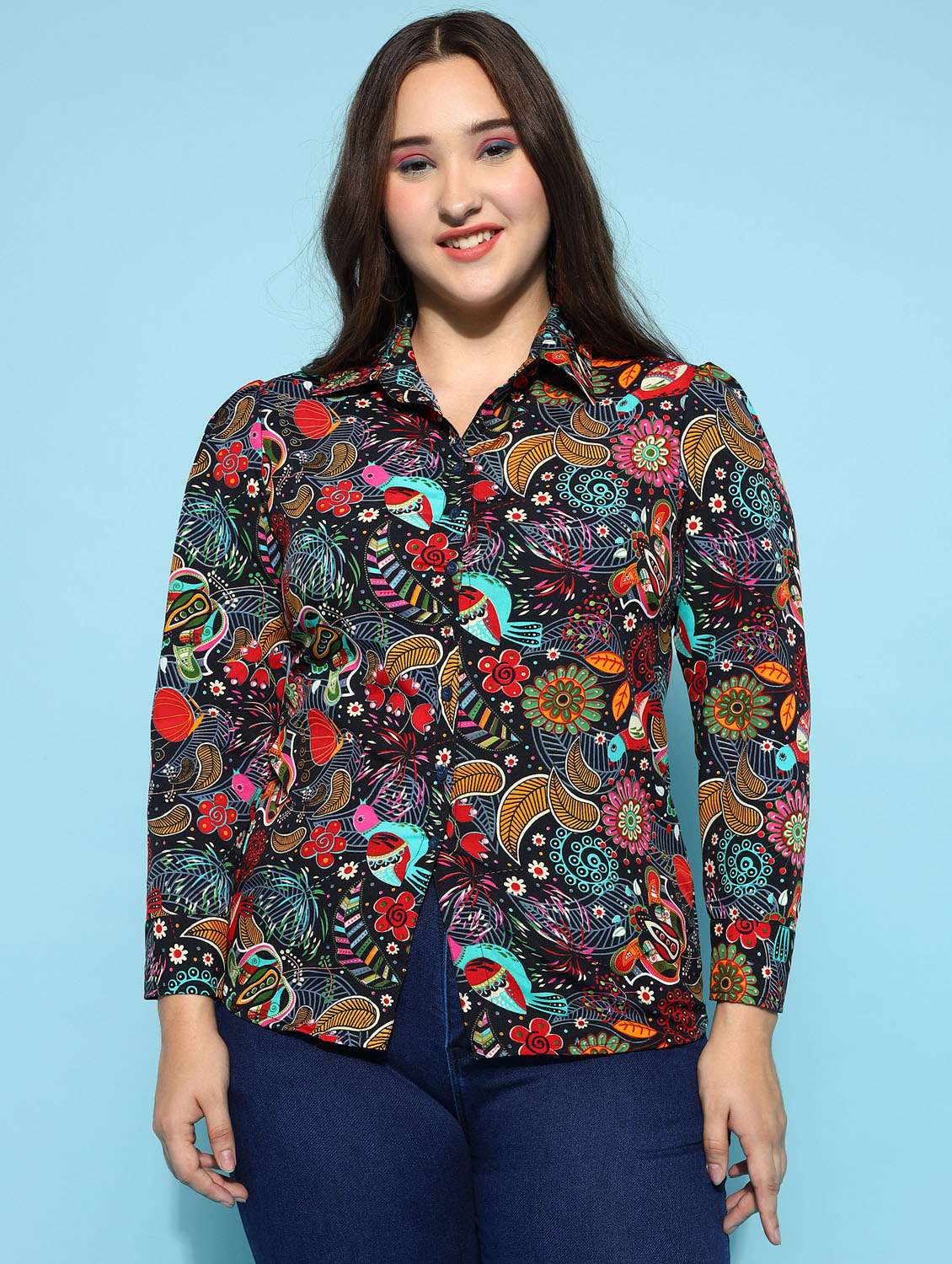 women printed collared puff sleeves shirt - 21355863 - Zoom Image - 0