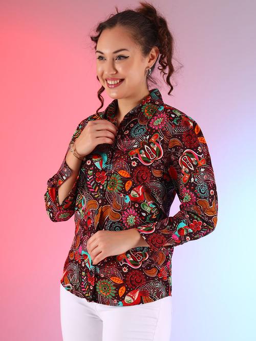 women printed collared puff sleeves shirt - 21355864 -  Standard Image - 0