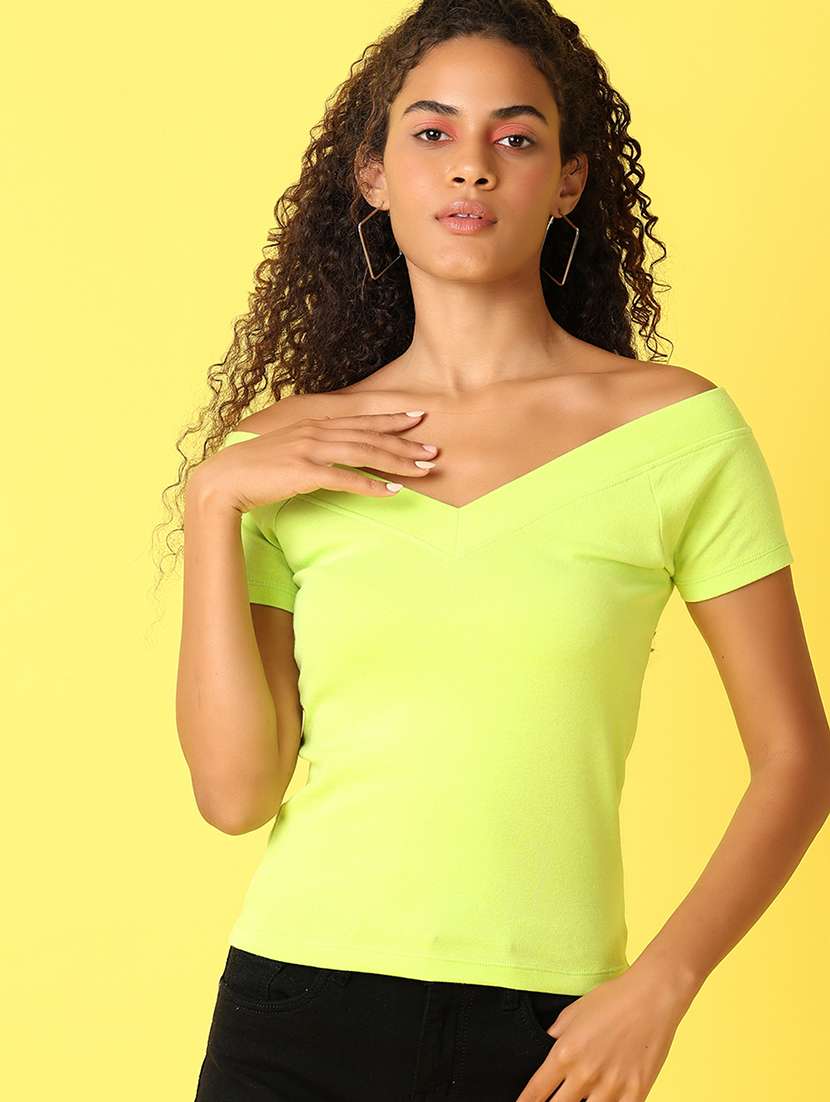 women solid off shoulder regular top - 21356110 -  Standard Image - 1