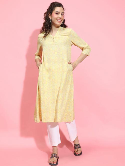 women yellow printed a-line kurta - 21356387 -  Standard Image - 0