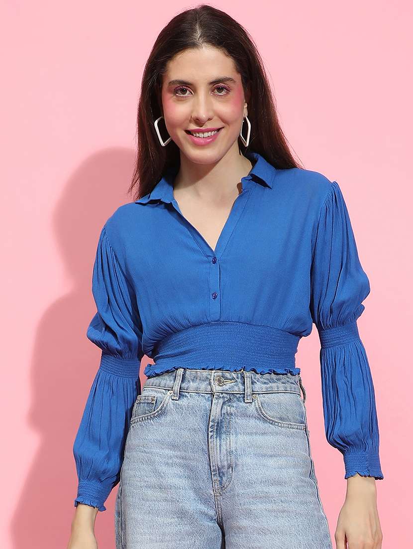 women blue solid crop top