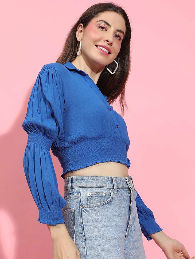 women blue solid crop top - 21356424 -  Standard Image - 1