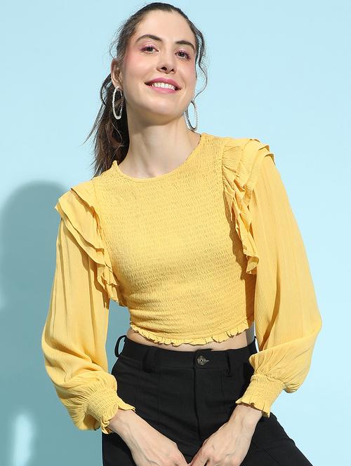 women yellow solid crop top - 21356427 - Standard Image - 0