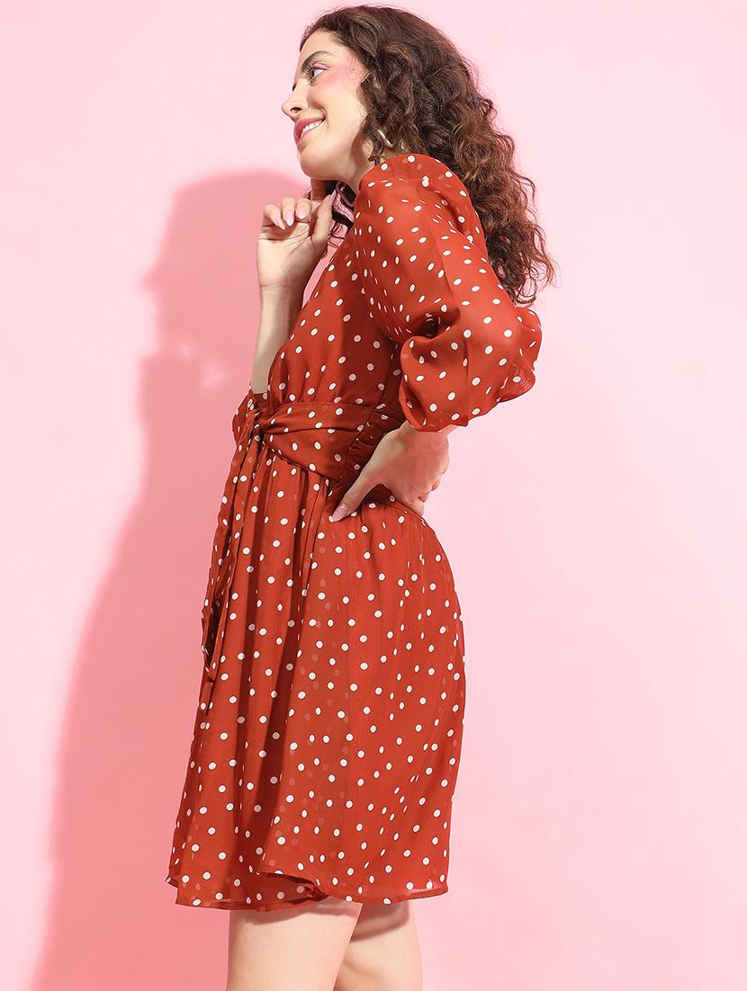 women rust polka dot fit & flare dress - 21356447 -  Standard Image - 1