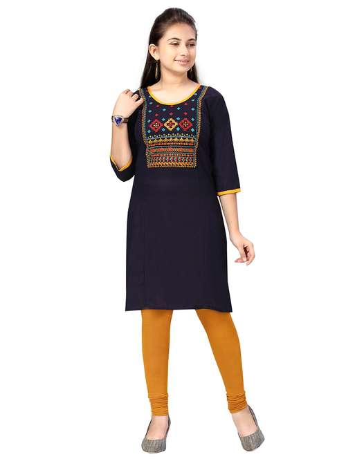 Navy Blue Embroidered Straight Kurti