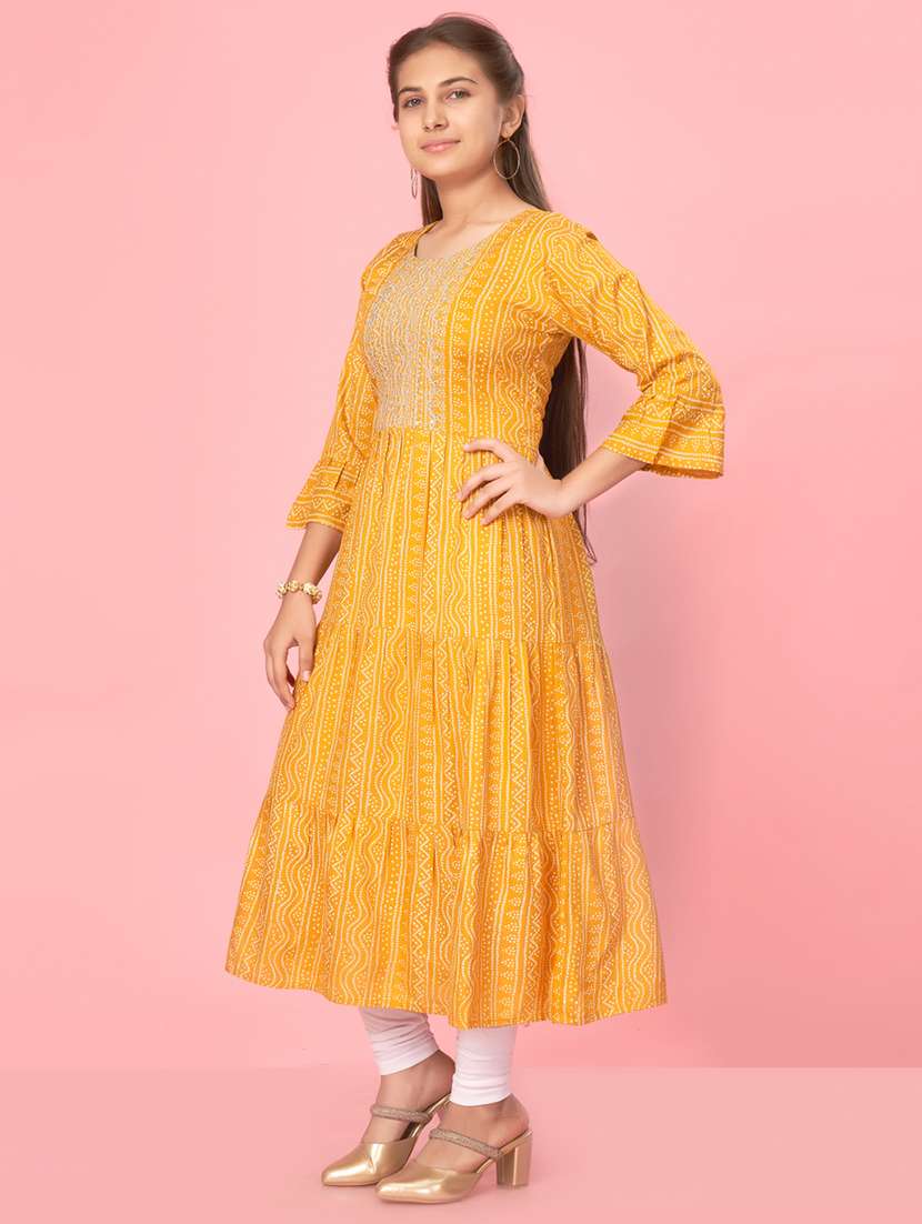 girls yellow bandhani printed tiered kurta - 21357070 -  Standard Image - 1
