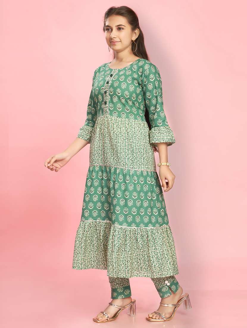 girls three quarter sleeve printed flared kurta - 21357076 -  Standard Image - 1