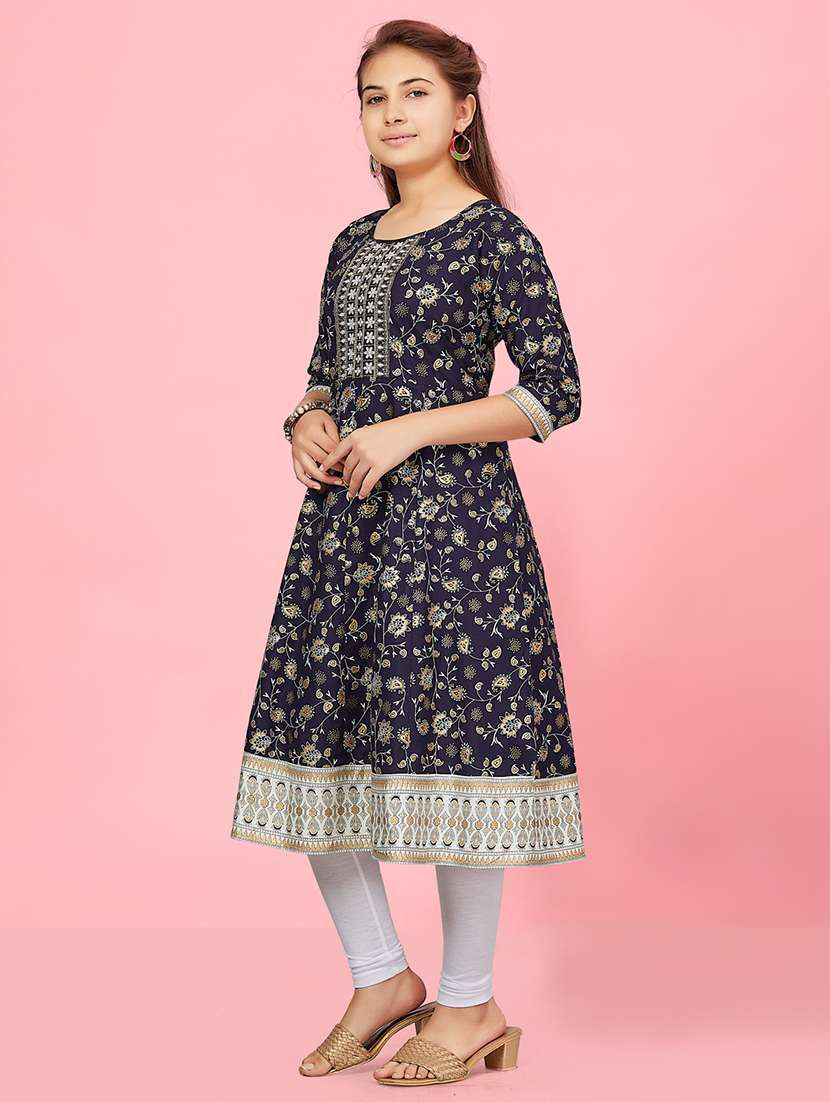 girls three quarter sleeve printed flared kurta - 21357114 -  Standard Image - 1