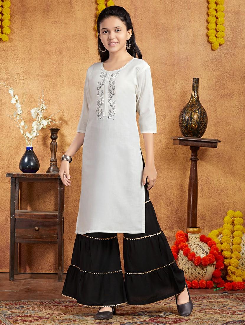 girls white round neck straight kurta - 21357128 - Standard Image - 1