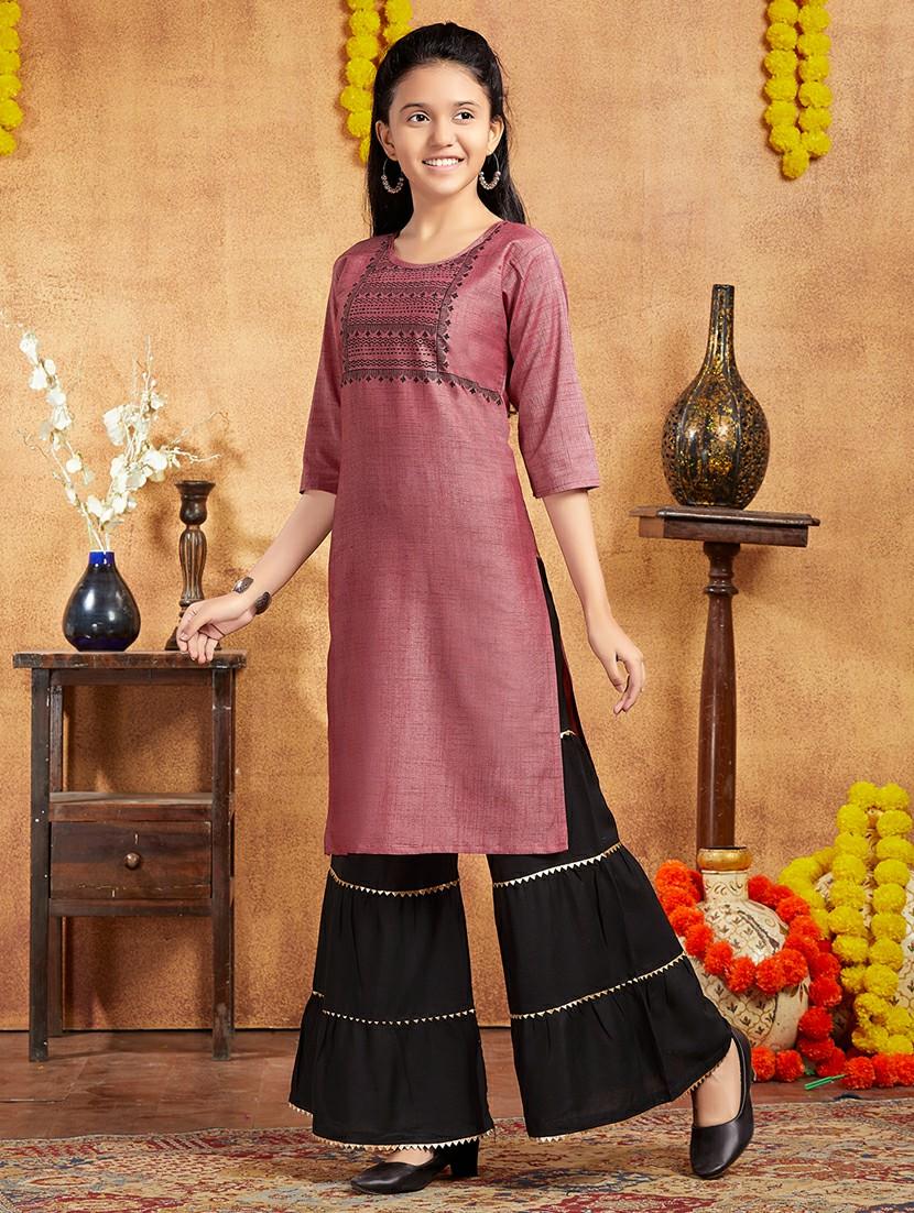girls three quarter sleeve printed straight kurta - 21357132 -  Standard Image - 1