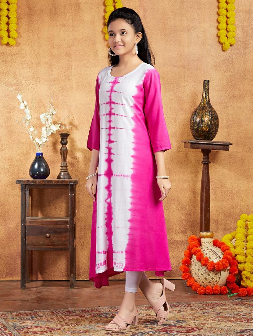 girls round neck tie & dye a-line kurta - 21357135 - Standard Image - 1