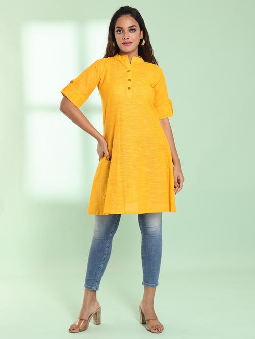 women yellow roll up slleeve a-line  kurta - 21357898 -  Standard Image - 0