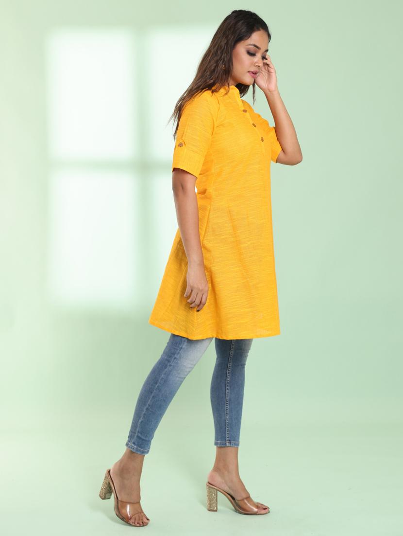 women yellow roll up slleeve a-line  kurta - 21357898 -  Standard Image - 1