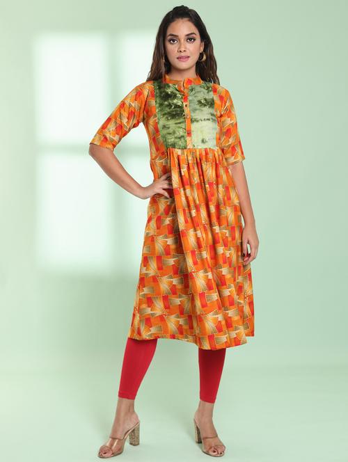orange printed rayon a-line kurta - 21357910 - Standard Image - 0