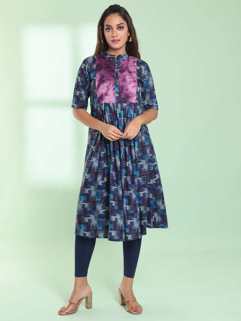 blue printed rayon a-line kurta