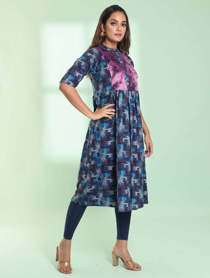 blue printed rayon a-line kurta - 21357912 -  Standard Image - 1