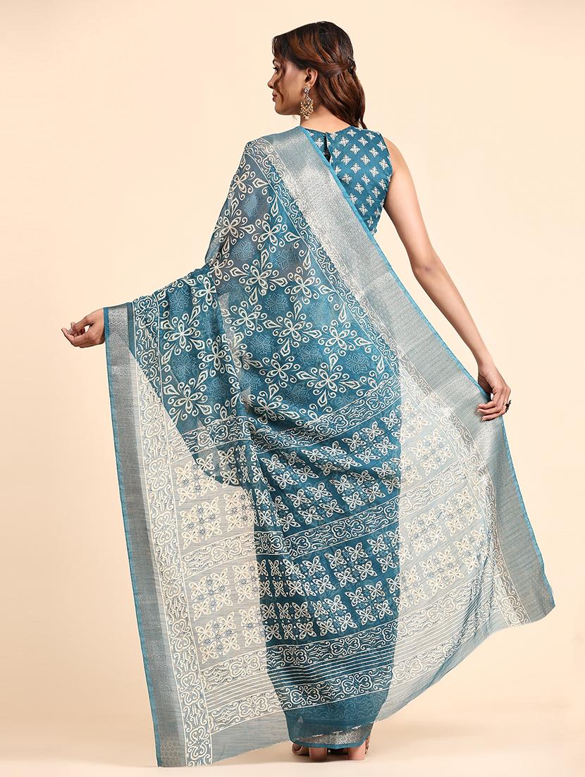 women light blue printed zari bordered saree with blouse - 21358979 -  Standard Image - 1